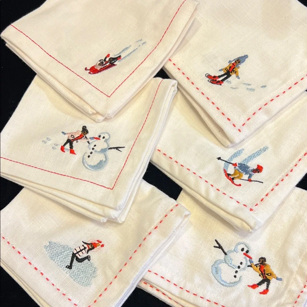 Winter Sports Embroidered Cocktail Napkins (x6)